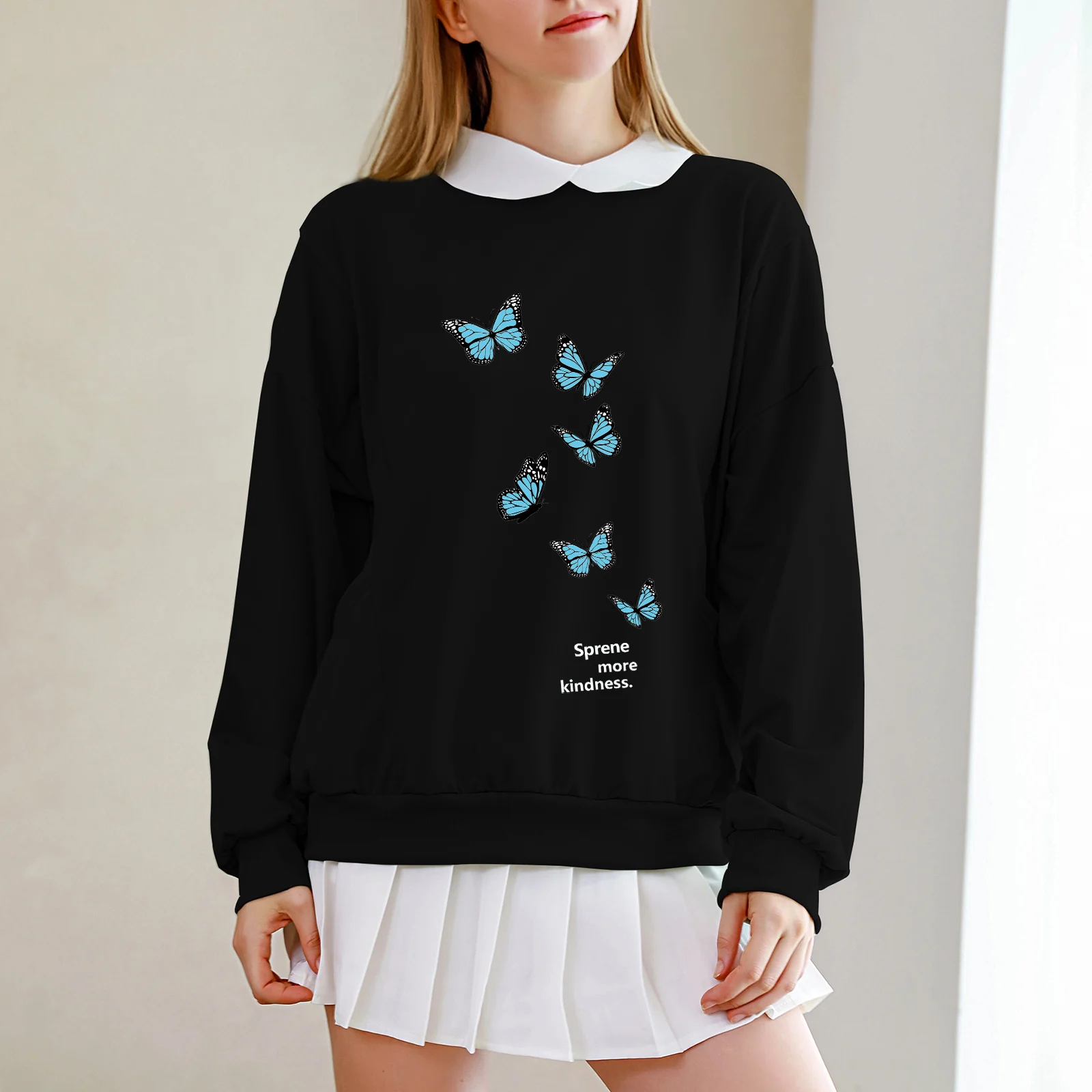 

Корейский модный свитшот, Женская Толстовка С Рисунком бабочки для девочек, хлопковый эстетичный пуловер, милая одежда, Свободный Топ с длинным рукавом