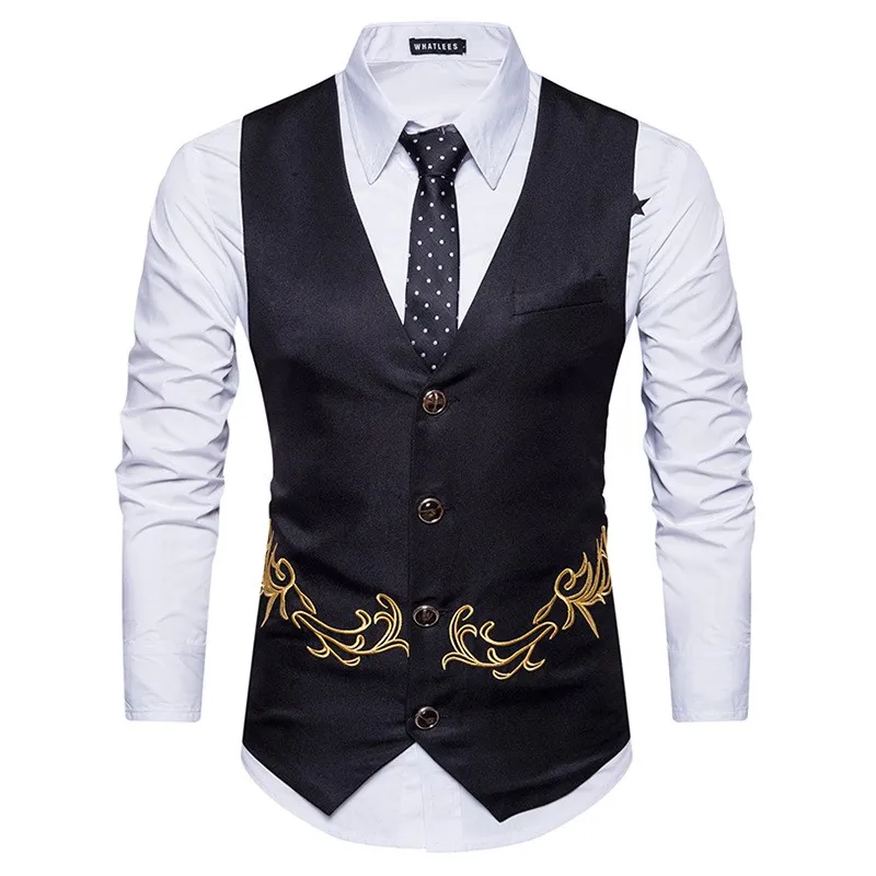 

Mens Suit Vest V Neck Embroidery Solid Cotton Blended Single-Breasted Slim Fit For Men Sleeveless Formal Casual Waistcoat