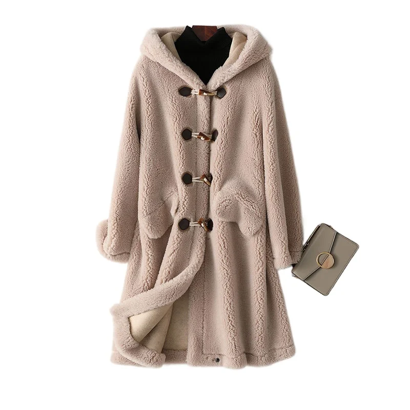

2021 Autumn Winter Wool Real Hooded Fur Coat Long Women Korean Sheep Suede Coats Female Jackets Overcoat Abrigos Mujer Invierno
