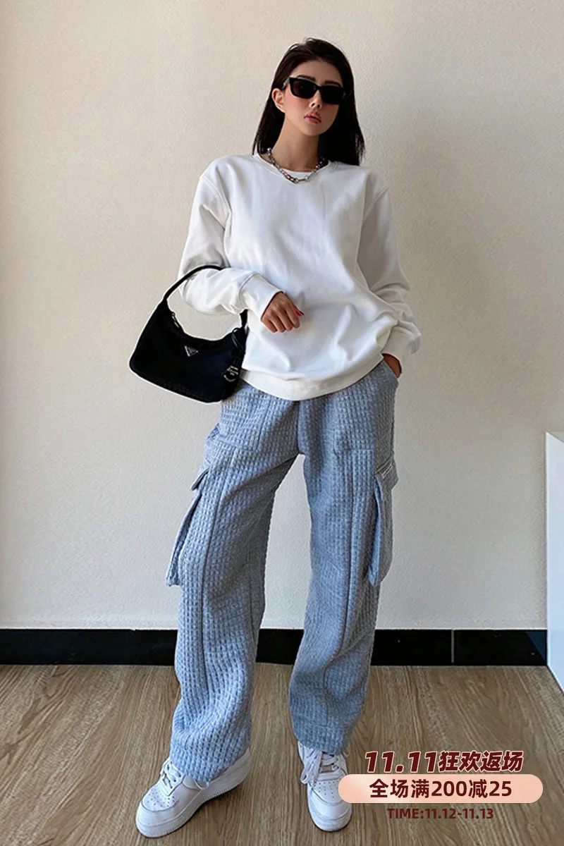 

TVVOVVIN Street Checkered Pocket Sweatpants Autumn Winter High Waist Grey Straight Pants Cargo Trousers DLOA