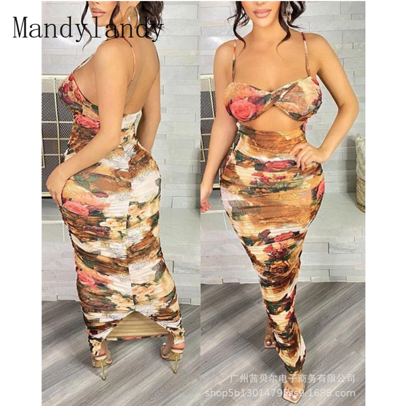 

Mandylandy Women's Sexy Floral Print Hollow Out Bodycon Dress Lady Elegant Sleeveless V Neck Halter High Waist Corset Dress