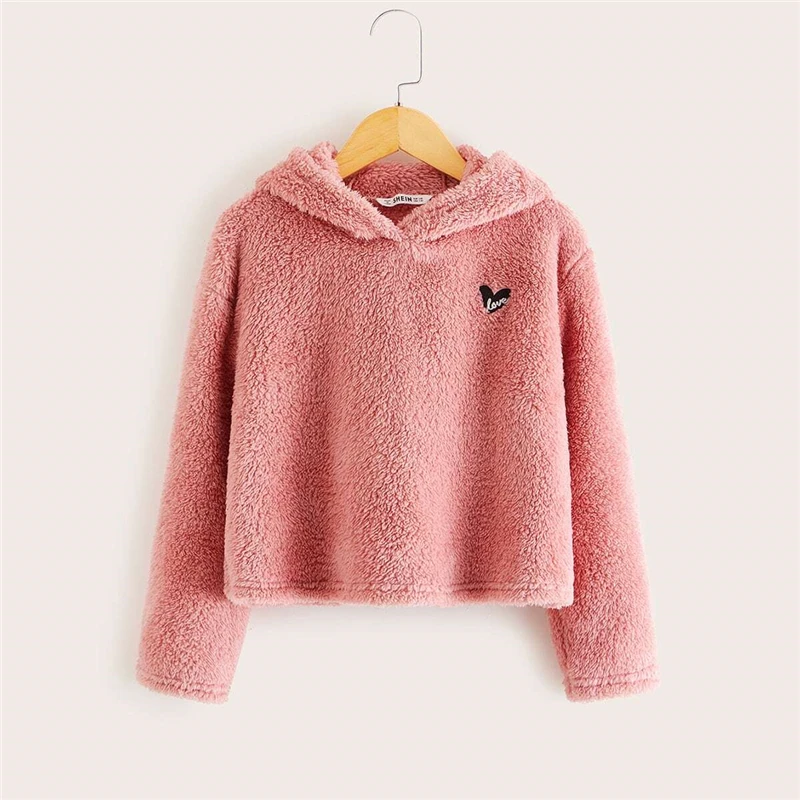 SHEIN Kiddie розовый вышитый спереди Повседневный плюшевый худи детские топы Весна длинный рукав подростковые Осенние милые свитшоты