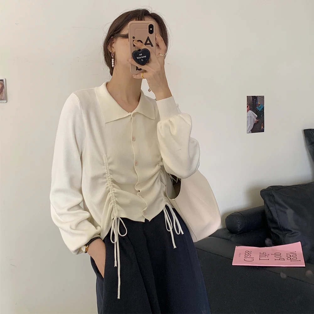 

SuperAen 2021 Осень Новый Дизайн Винтаж Drawcord отложной воротник Полный однобортный вязаный кардиган для женщин