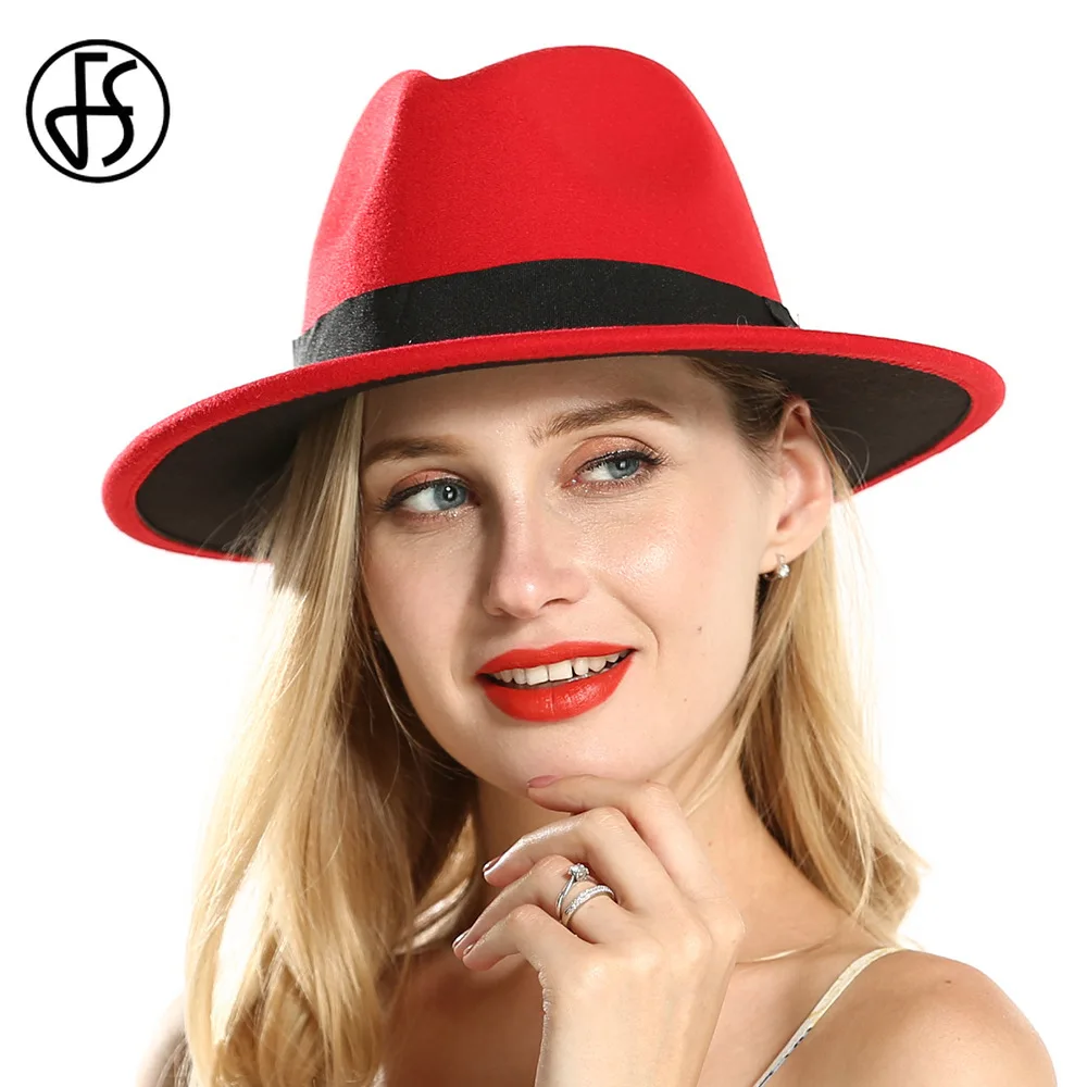 Женская фетровая шляпа-трилби FS шляпа с лентой и широкими полями красного