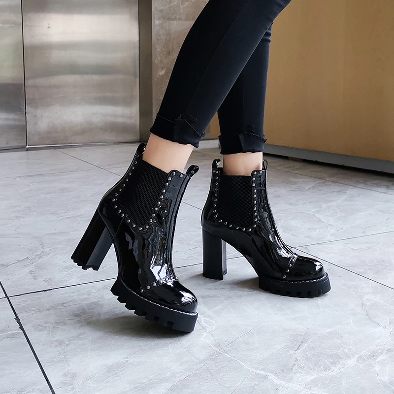 

Sexy genuine leather thick heel platform women boots high heel rivets shoes woman high quality leather boots girls ankle boots
