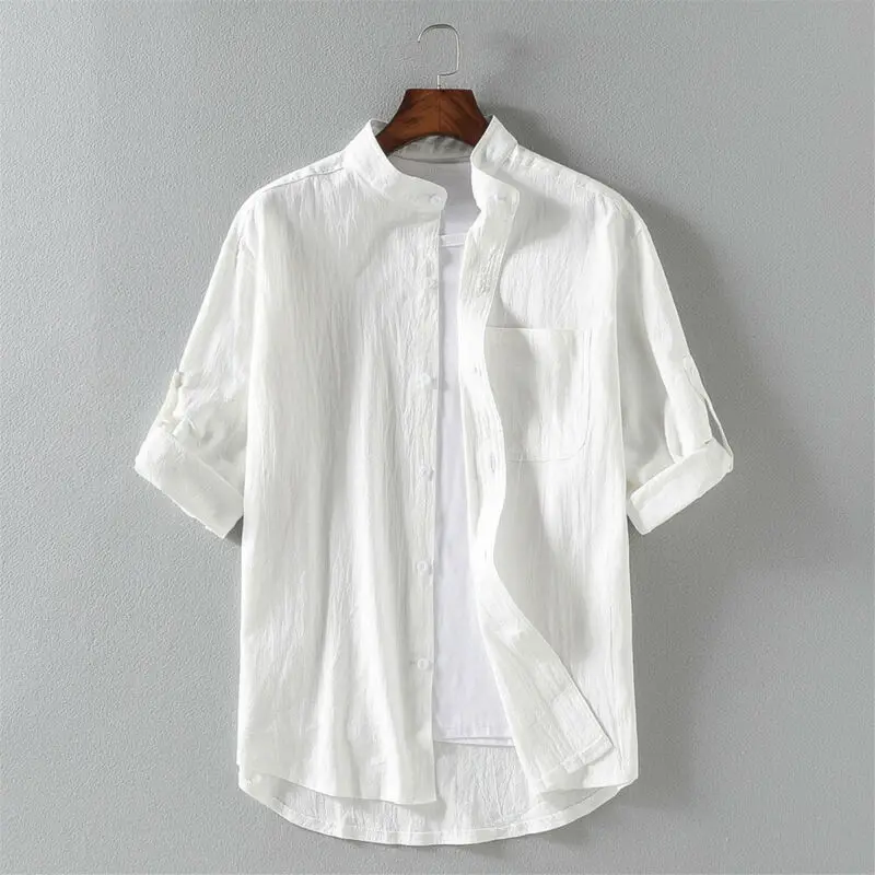 

Mens Linen Half Sleeve Shirt Ethnic Mandarin Collar Blouse Top Casual Retro