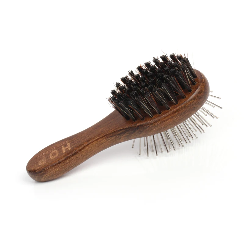 

Two Function Wood Stainless Steel Needle Soft Bristle Pet Hair Grooming Pin Brush Cat Dog Brush