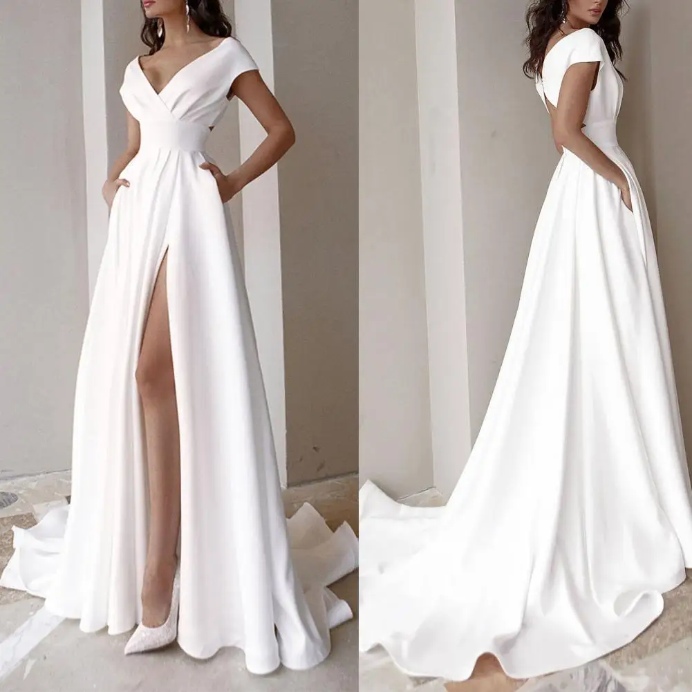 

Sexy Women V-neck Party Dress White High Waist Side Split Floor-Length Dress With Pockets for Banquet Dresses Elegant Robes Chic