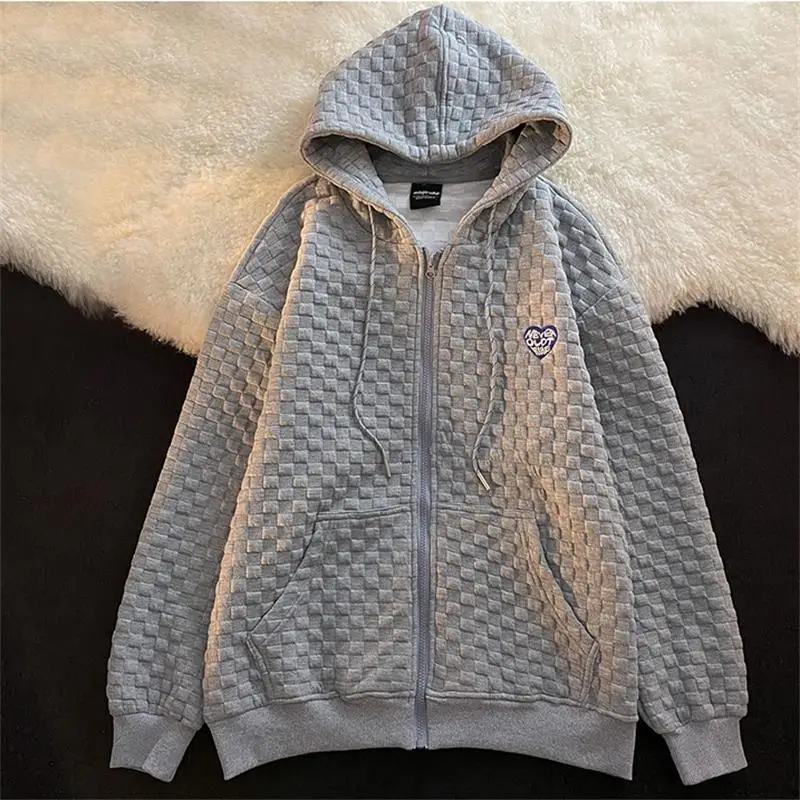 

New Hoodies Vintage Grey White Plaid Streetwear Loose Zip Up Sweatshirt Men Women Fashion Autumn Long Sleeve Outwear