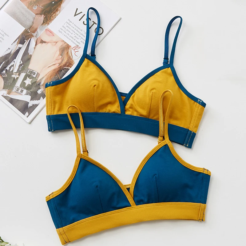 

New Contrast Color Small Chest Bra :Patchwork No Steel Ring Bra French Cotton Adjustable Wrapped Three Quarters Bra Drop
