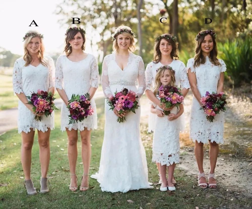 

Elegant V Neck Country Style White Full Lace Sheath Bridesmaid Dress Long Sleeves Knee Length Wedding Party Dresses