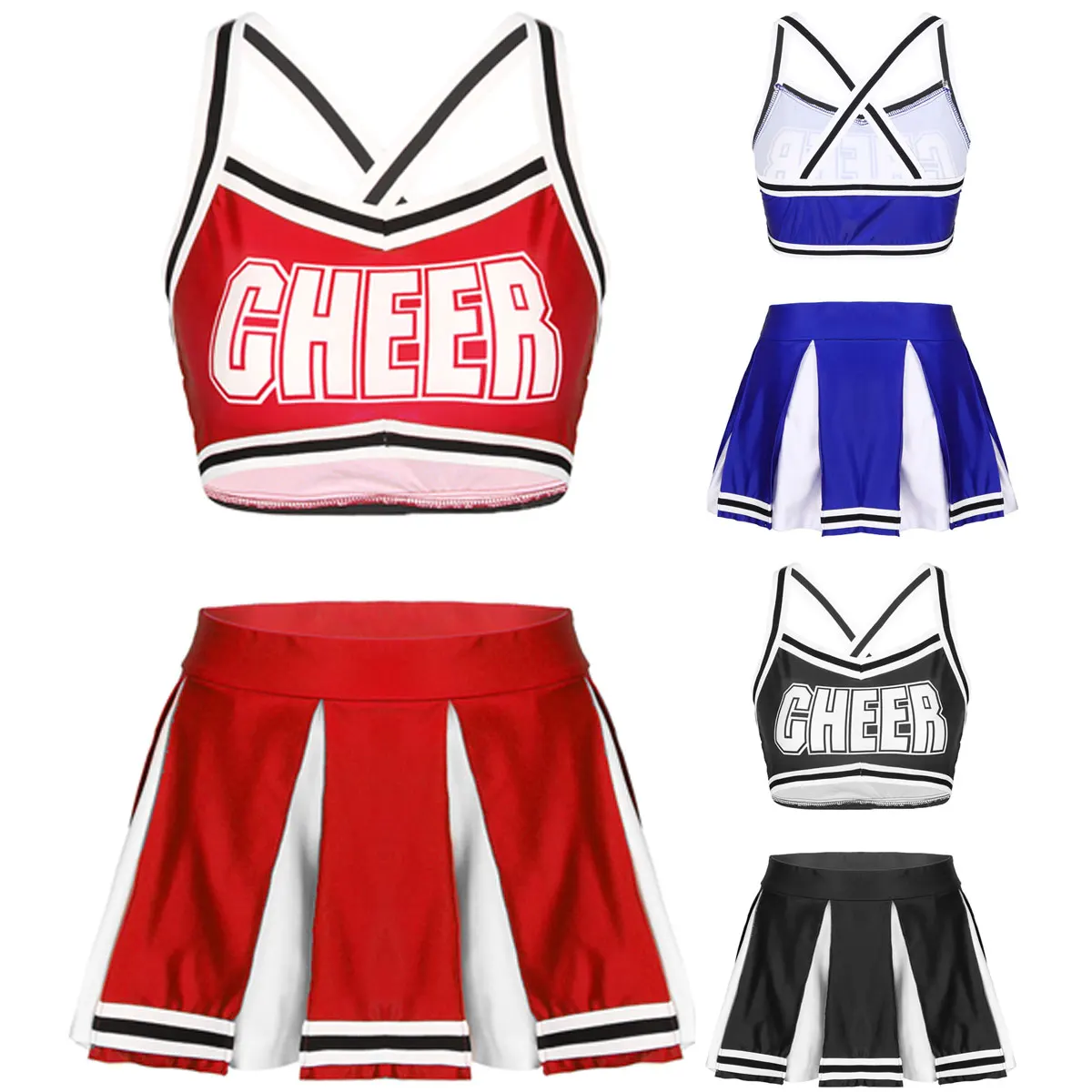 

Women Adults Charming Cheerleader Costume Sleeveless Crop Top Mini Skirt Cheerleading Uniform Stage Dancing Competition Outfit