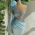 Короткие платья для выпускного, светло-голубого цвета, с открытым плечом, украшенные бисером, коктейльное платье на одно плечо, вечернее платье на заказ