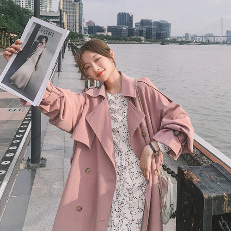 Осень-зима новинка женская основная двубортная однотонная Длинная ветровка с