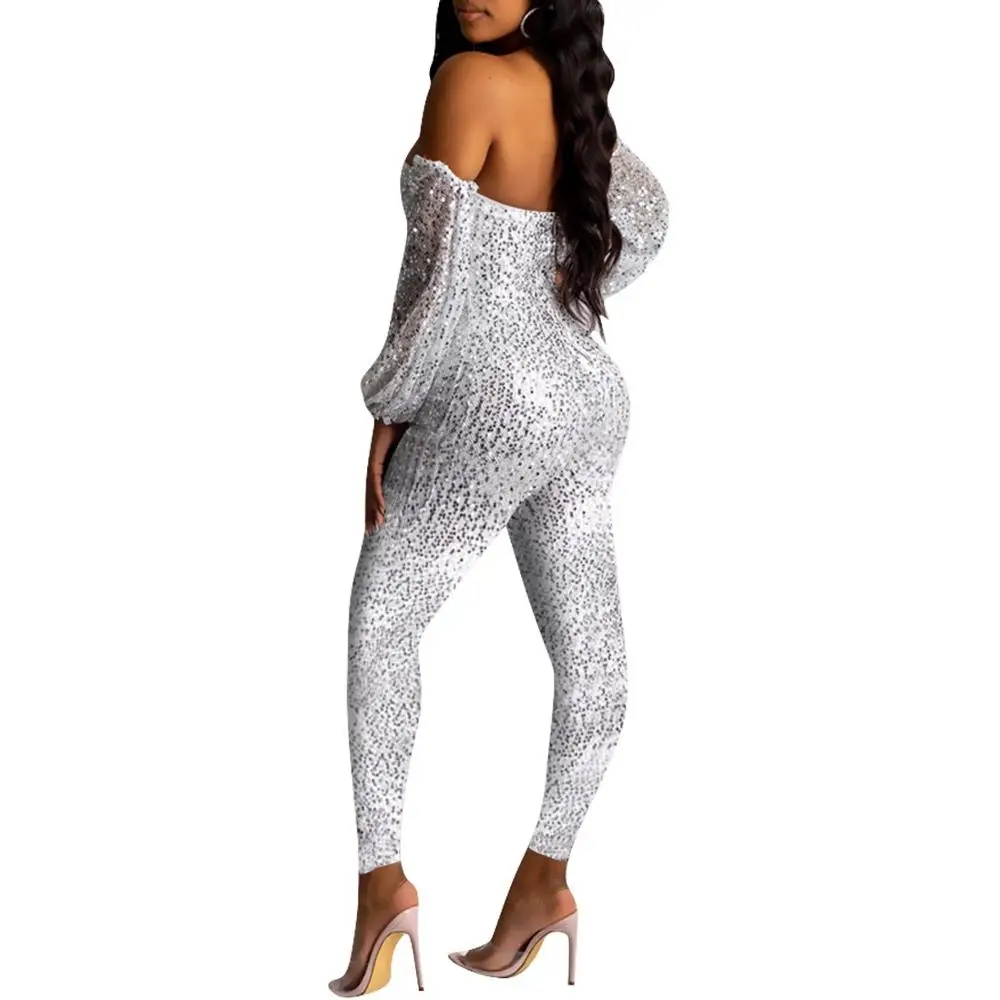 Женский Блестящий Облегающий комбинезон с открытыми плечами V-образным вырезом