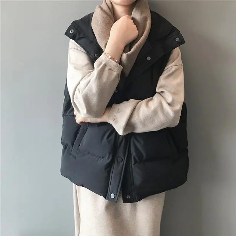 

2021 Women Sleeveless Vest Winter Warm Plus Down Cotton Padded Jacket Female Collar Sleeveless Waistcoat