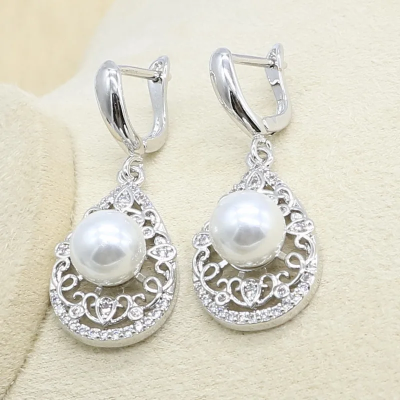 White Pearl Silver Color Jewelry Set for Women Zircon Bracelet Earring Necklace Pendant Ring Wedding Birthday Gift | Украшения и