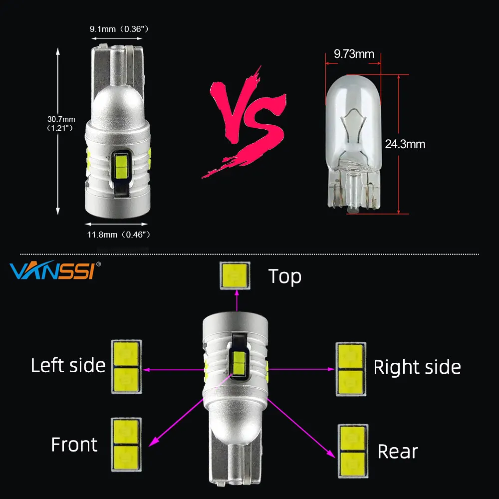 VANSSI 2 шт. очень яркий 1000lm T10 W5W 194 T15 912 921 Светодиодный лампочки CANBUS без ошибки 9SMD светодиодный парковки обратный светильник белый 6000K