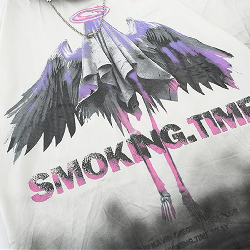 

2021 Vintage Loose T-shirt Hip Hop Wings Print Short Sleeve Tshirts Streetwear Casual Cotton Tops Tees Oversized WY859