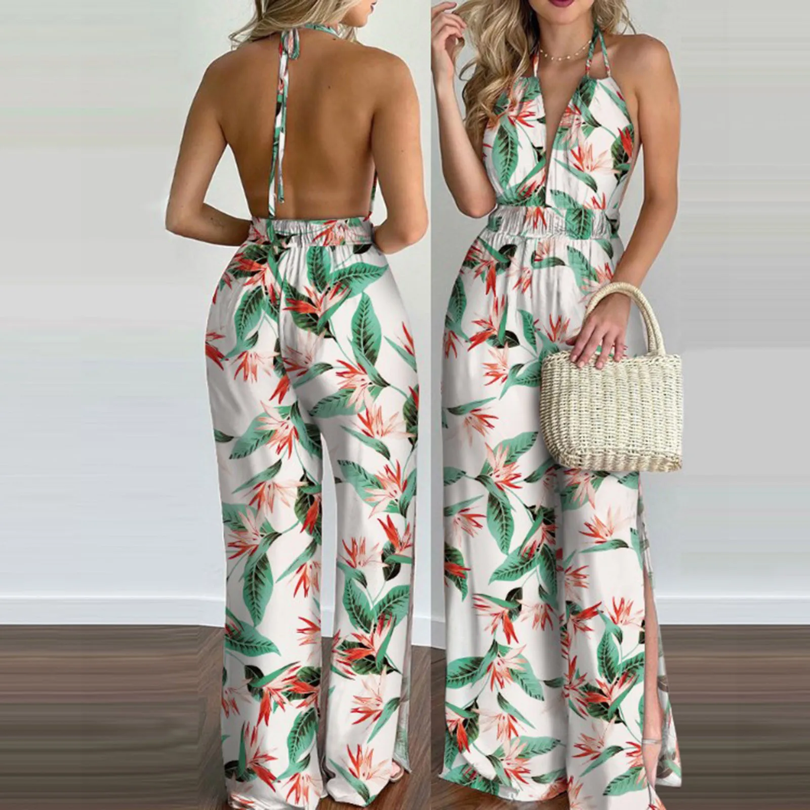 

Women Fashionable Halter Bandage Backless High Waist Slit Leg Floral Printing Jumpsuit