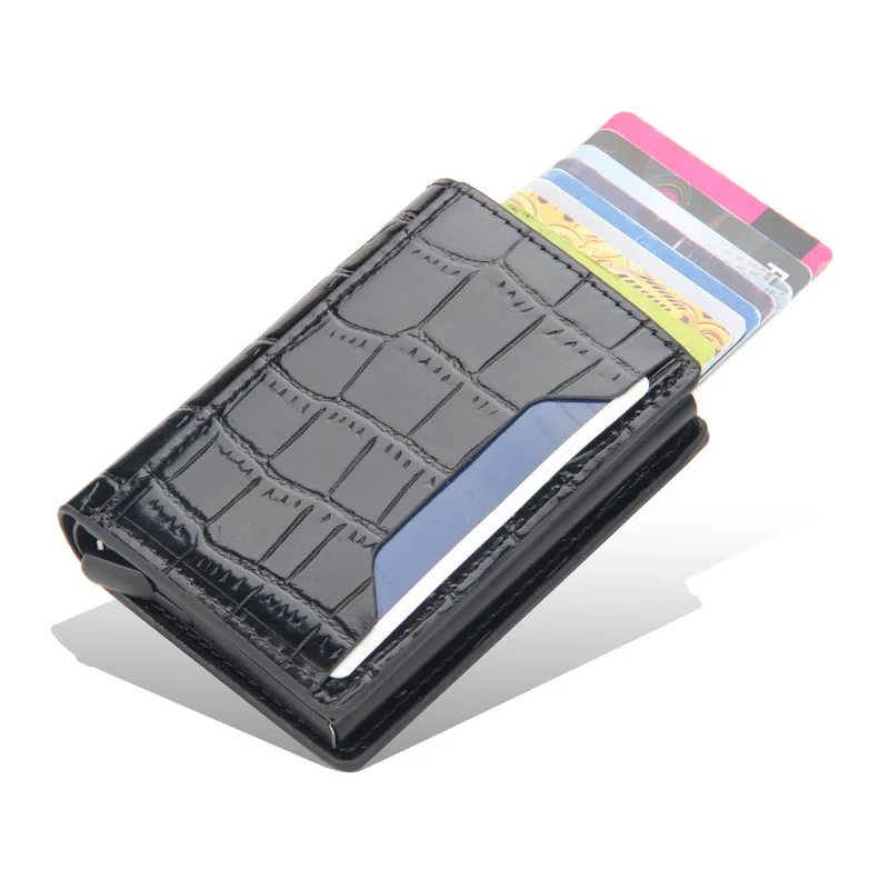 

New style men's card bag European and American RFID automatic elastic card checkered card clip metal aluminum box wallet