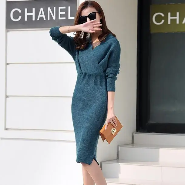 2020 женское осенне зимнее длинное платье синее элегантное вязаное свитер с