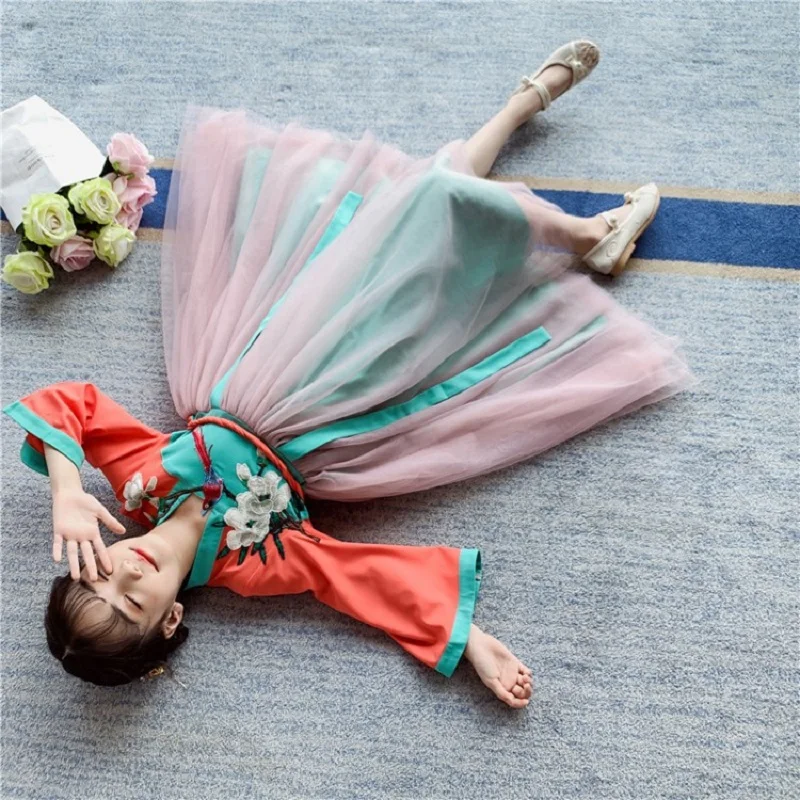 Китайская традиционная детская одежда с вышивкой Hanfu весеннее платье для девочек