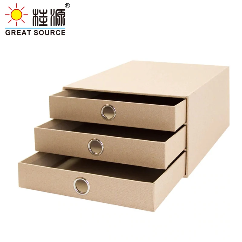 3 Layers Cabinet Cardboard Office Desk Top Organizer Home Storage 3 Drawers Cabinet Beige Faux Linen Natural Paper (2PCS)