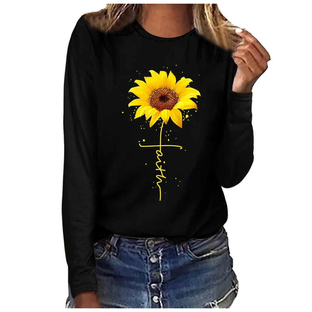 Футболка с подсолнухом для женщин, большие размеры, цветочные базовые рубашки, Женская Повседневная футболка с длинным рукавом, Femme Top Camiseta Mujer, женская футболка