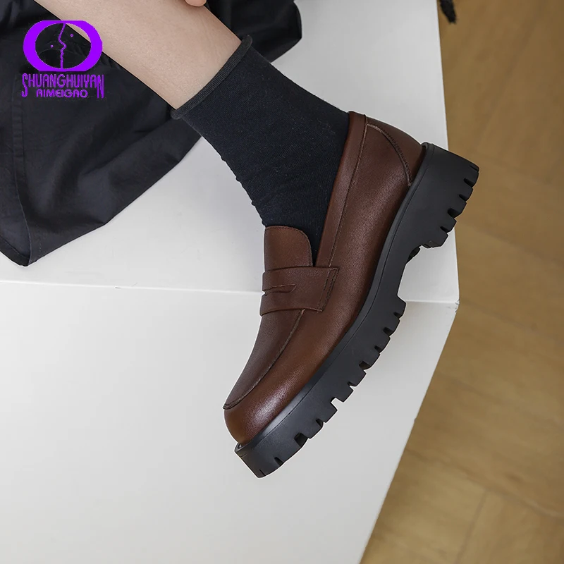 

AMEGOO 2021 Spring Fashion Genuine Leather Loafers Women Casual Thick Heel Solid Flats Female Round Toe Slip on Shoes Lady Ins