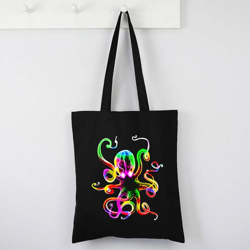 

Rainbow Octopus Glow Tote Bag Animal Prints Handbags for Women 2020 Rainbow Octopus Shopping Bags Eco Friendly Products XL