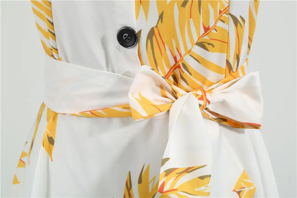 

2020 Dress Women Yellow Green Leaves Print Shirt Dress Vintage Single-breasted Buttons Tie Bow Sashes Dresses For Women Dress