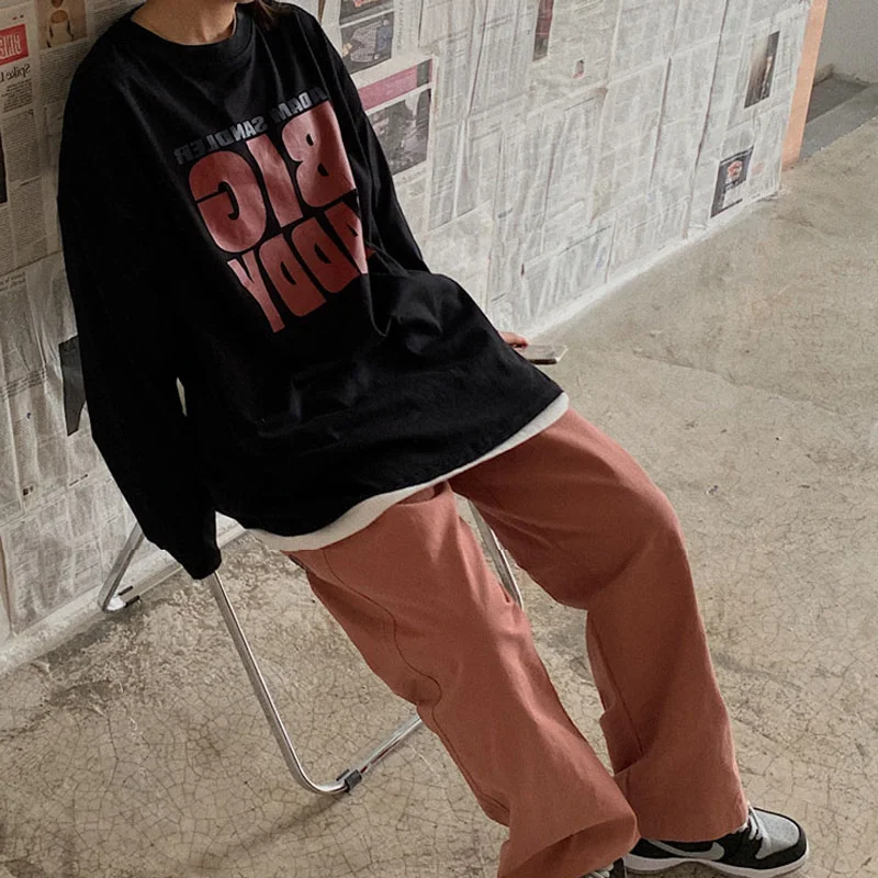 Тонкий стильный свободный свитер с надписью школьный длинным рукавом | Женская