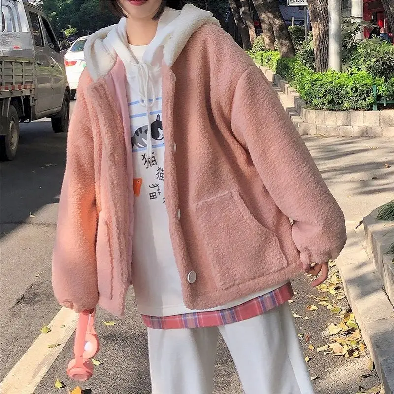 

2021 Autumn Winter New Hooded Jacket Indie Women Cute Plus Velvet Thicken Imitation Lamb Velvet Korean Loose Student Coat Kawaii