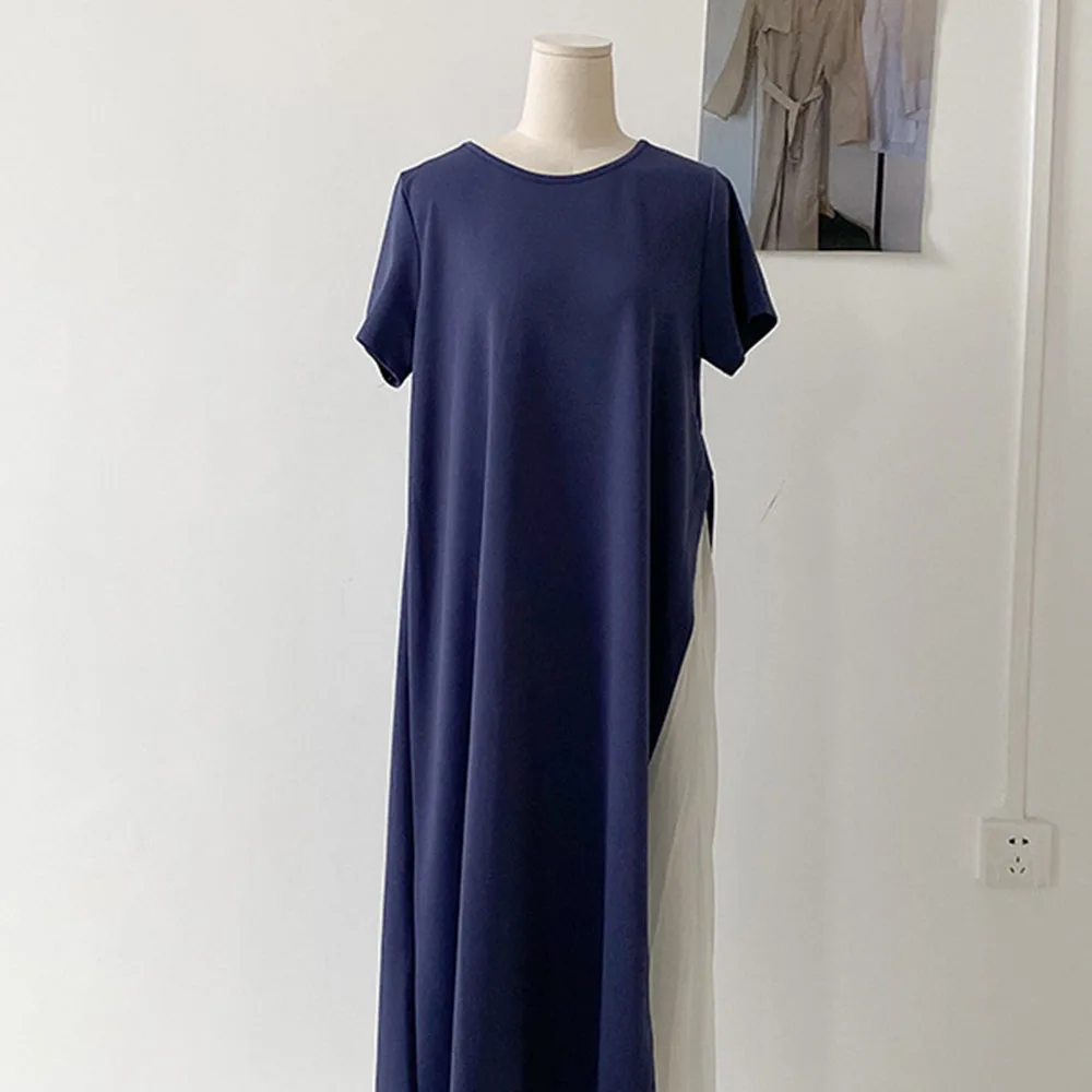 

Japanese Korean Chic Women Dress Light Familiar Style Broken Solid Color O Neck Color Short Sleeve Patchwork Female Dresses