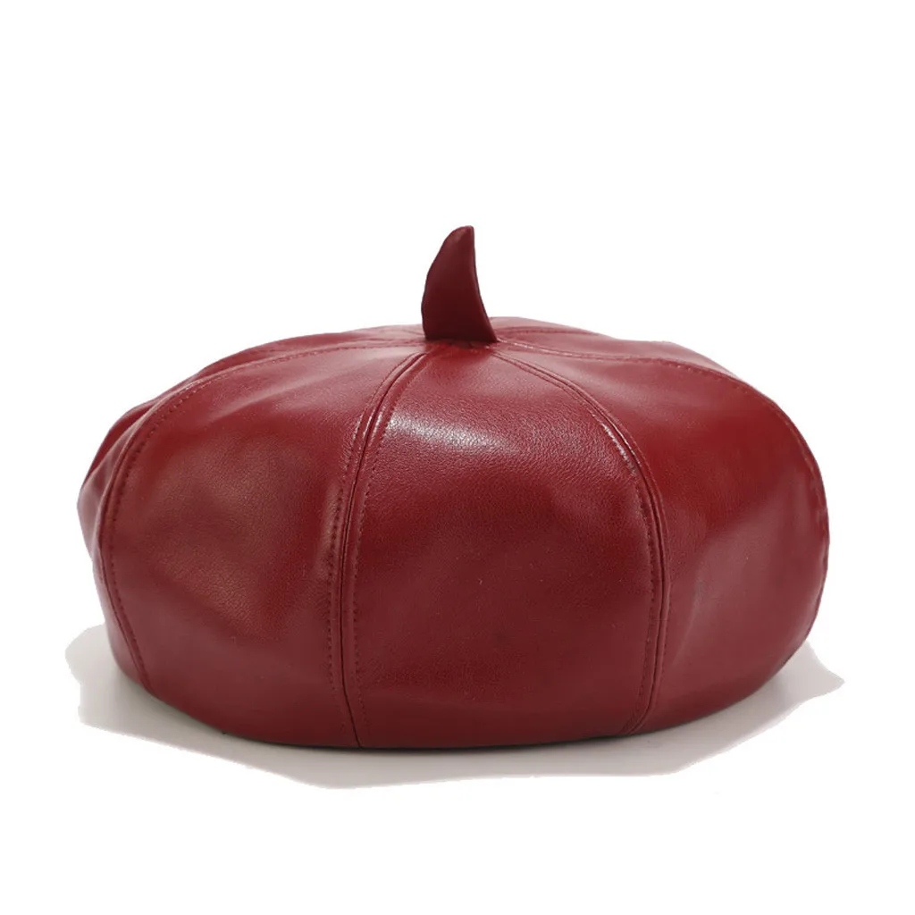 Модные береты Женские однотонные кожаные тыквенные шляпы восьмиугольная шапка