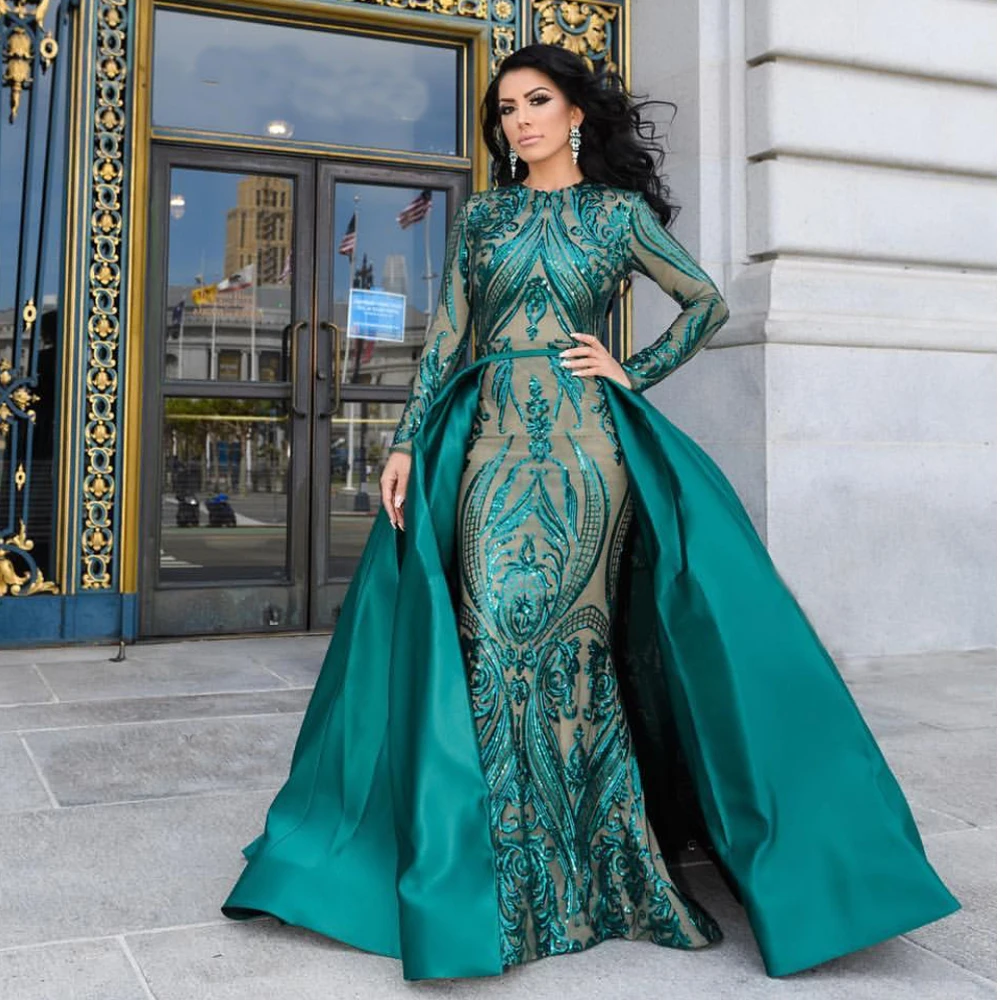 Платье вечернее мусульманское со съемным шлейфом и длинными рукавами|Вечерние