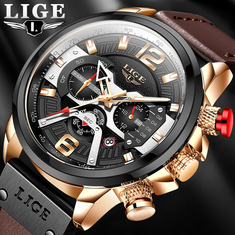 

2021 New Mens Watches LIGE Top Brand Leather Chronograph Waterproof Sport Automatic Date Quartz Watch For Men Relogio Masculino