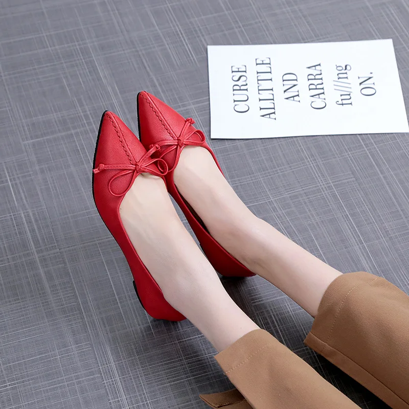 

2020 Autumn Spring New Flat Shoes Bow Knot Pointed Toe Slip on Shallow Ballet Flats Women Shoes Woman Solid Leather Casual Shoes