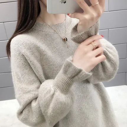 

Женский свитер с круглым вырезом, повседневный однотонный вязаный пуловер свободного кроя с расклешенными рукавами в Корейском стиле, Осен...