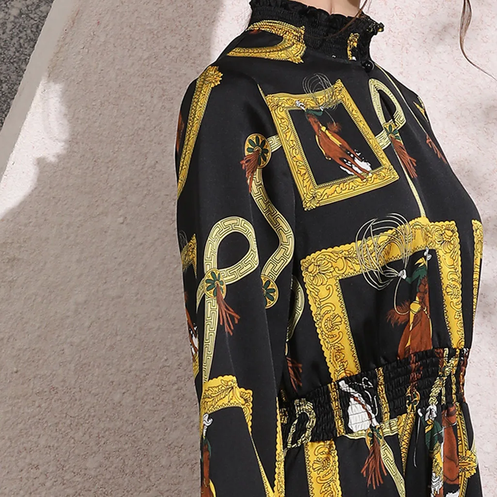 long abaya dress Casual Muslim women Fashion New Simple Retro Print Slim Elastic Waist Silk Dress Long W905 | Тематическая одежда