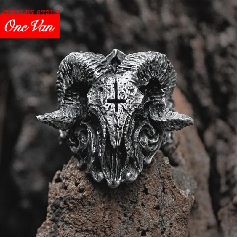 

2020 Silver Color Punk Gothic Satanic Demon Sorath Skull Stainless Steel Ring Men Biker Ring Baphomet Gift