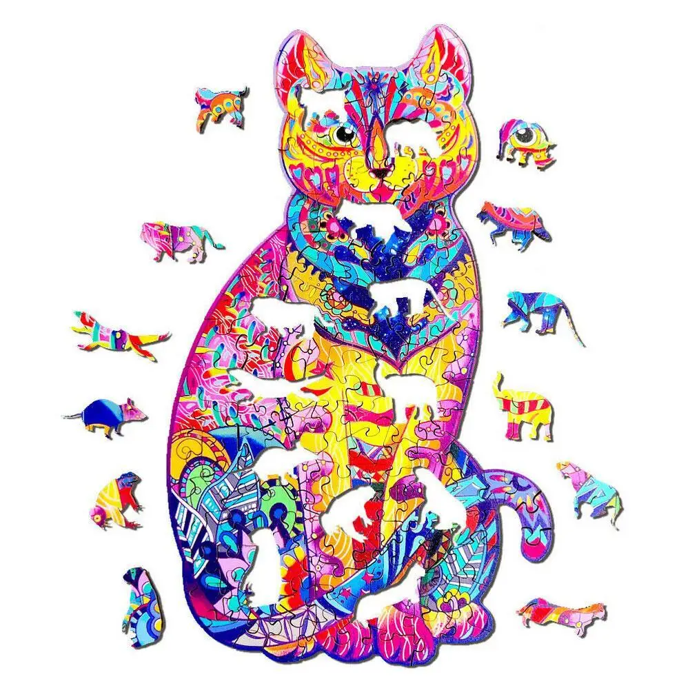 Rompecabezas de madera para ni&ntilde;os y adultos, puzle de animales y gatos, juguete de caricatura de madera, juguetes para ni&ntilde;os y adultos, regalos educativos de cumplea&ntilde;os-4