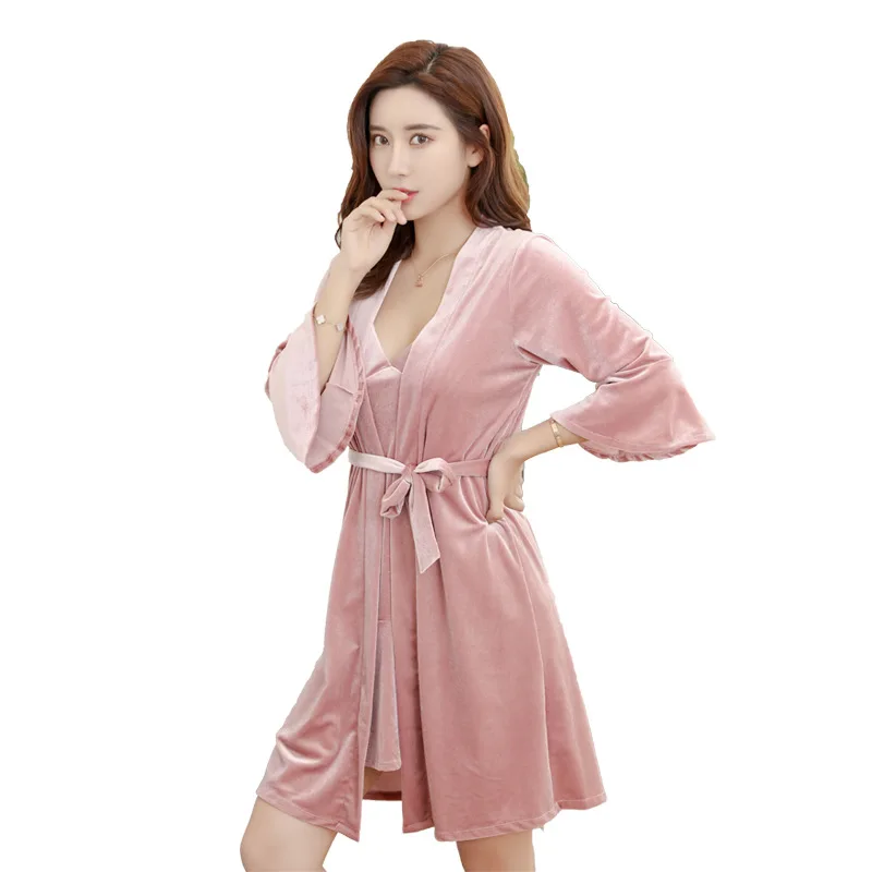 

Autumn New Lady Kimono Robe Set Nightwear Sexy Velour Nightgown 2PCS Sleep Set Intimate Lingerie Casual Home Wear Sleepwear