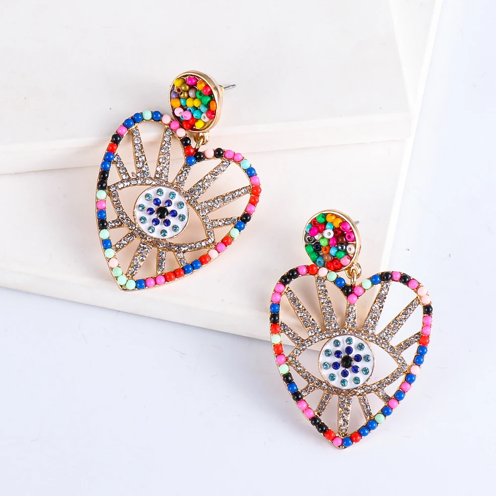 

Evil Eye Earrings New Rainbow Wholesale Crystal Pearl Resin Inlaid Big Funny Earrings Women Hanging Dangle Pendientes Jewelry