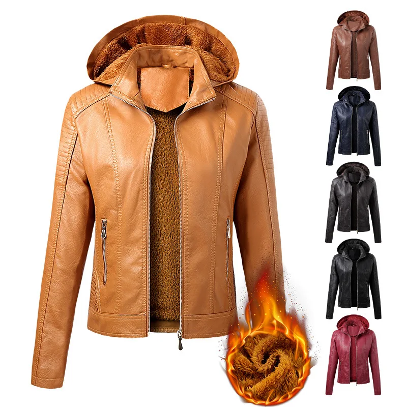 Fall/winter Plus Velvet PU Hooded Leather Fashion Warm Windproof Women's Zipper Three-dimensional Jacket Women Biker Jacket XL
