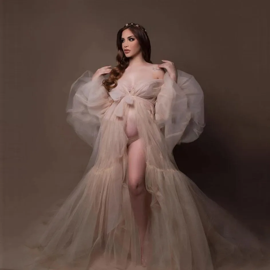 

Sexy Maternity Gowns Photography V Neck Long Sleeve A Line Sweep Train Tulle Women Maternity Dress for Photo Shoot