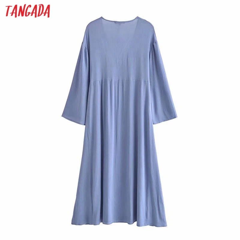 

Tangada 2021 Autumn Fashion Women Blue Linen Dress Long Sleeve V Neck Ladies Maxi Dress 3H747