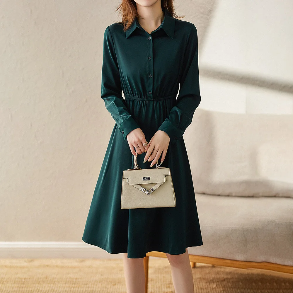 

Autumn Women Dresses 2021 Elastic Waist Slimming Turn-down Collar Collar Midi Dress Ladies' Temperament Clothing Female Vestidos