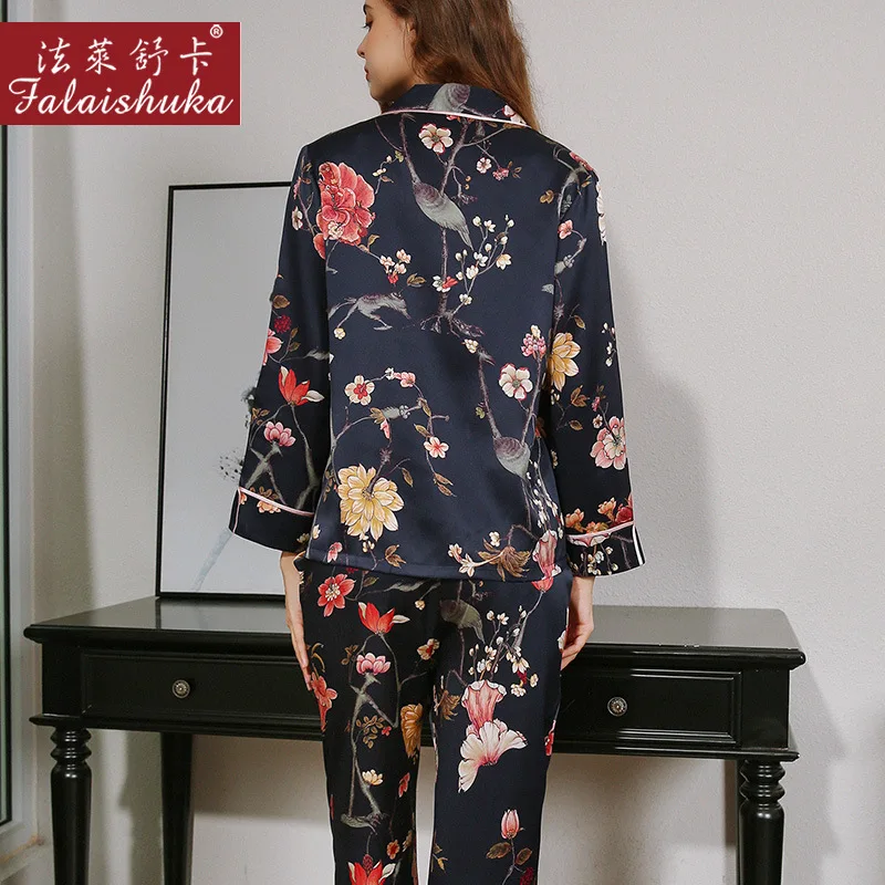 100% Silk Homewears Pajamas Set Women Floral Print 2021 Summer Spring Female Home Wears Two Piece Pajamas Set Sleepwear